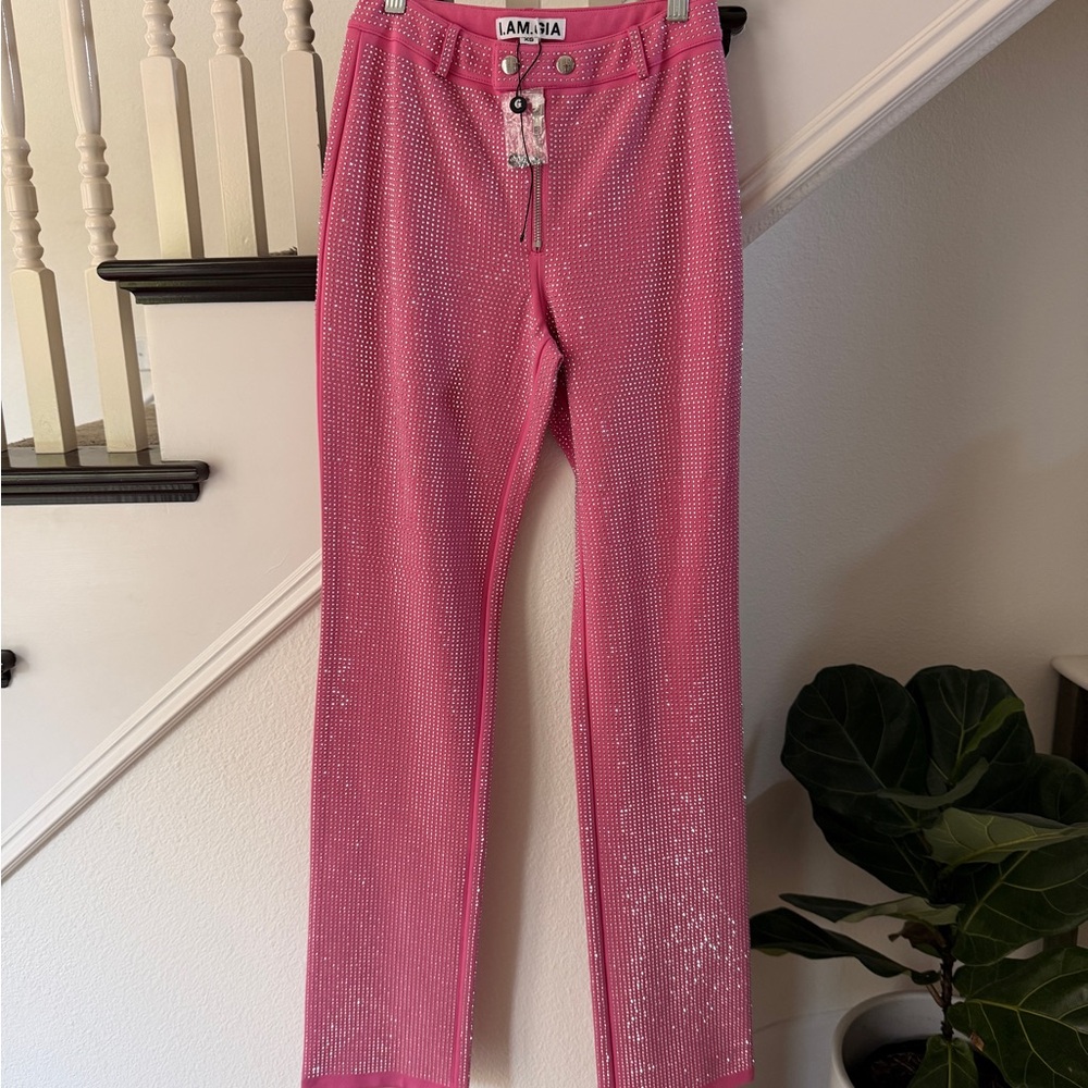 I.AM.GIA Pink Rhinestone Zip-Front Pants